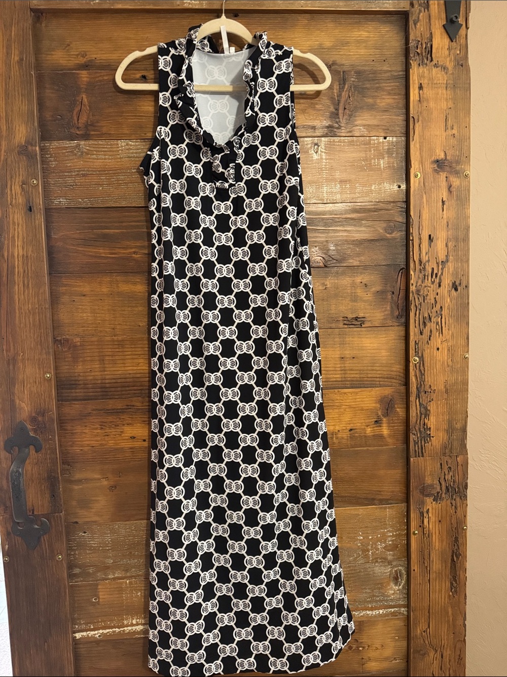 Lulu-B Black and White Geometric Ruffle Neck Maxi Dress